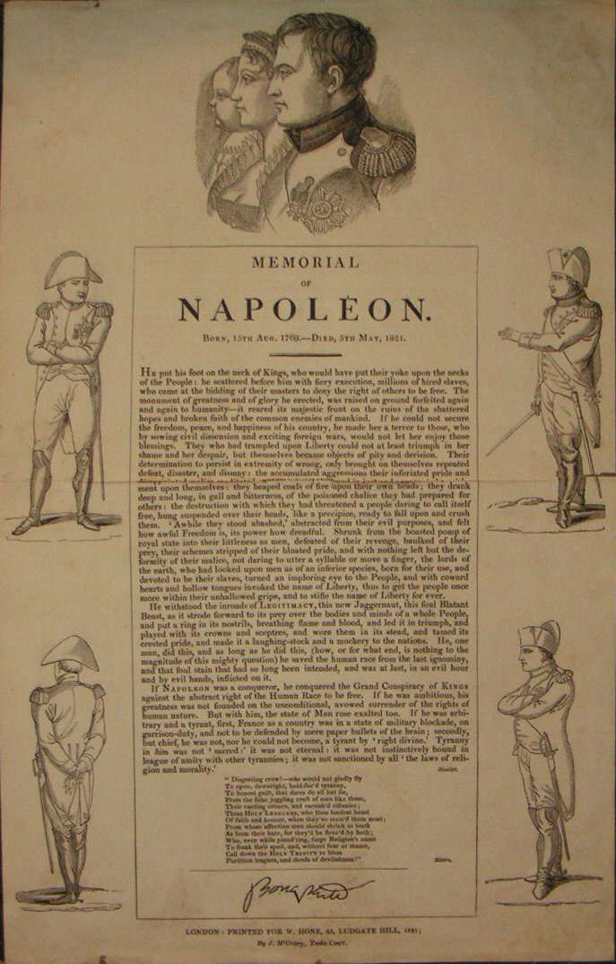 Wood - Memorial of Napoleon. Born, 15th Aug. 1769 -Died, 5th May, 1821.